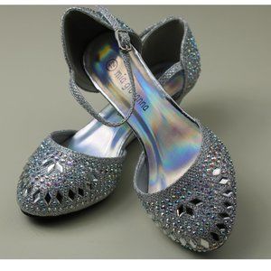Girls Toddlers Dressy Shoes Rhinestone Low Heel Party Round Toe Silver Flat Part